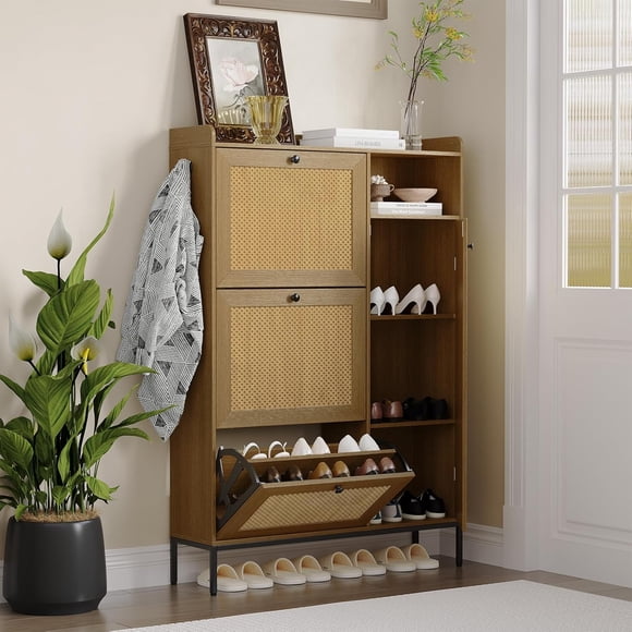 Eastvita GAOMON Armoire à Chaussures d'Entrée en Rotin avec Support en Bois Dissimulé et 3 Tiroirs Basculants - Organisateur Étroit Autoportant pour Couloir/assemblage Facile