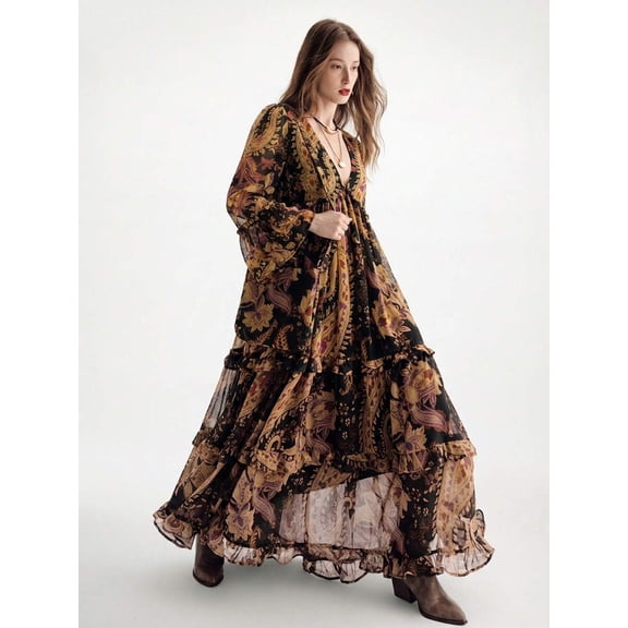 Multicolor Bohemian Chiffon Flowy Dress With Frill Trim, Loose Fit Deep V-Neck Long Sleeve