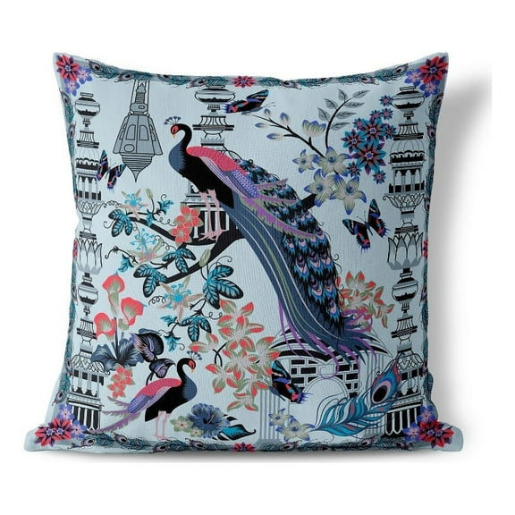 Peacock Paradise Indoor/Outdoor Pillow with Removable Cover in Blue 16x16