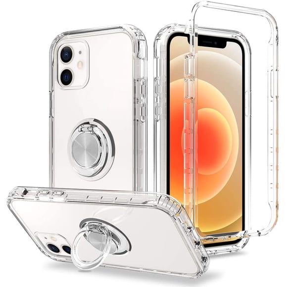 navor Clear Case Compatible for iPhone 12 Pro 6.1 Inch, Metal Ring Stand Works with Magnetic Car Phone Mount Case Drop Protection and Clear Hard Back Cases (Crystal Clear)
