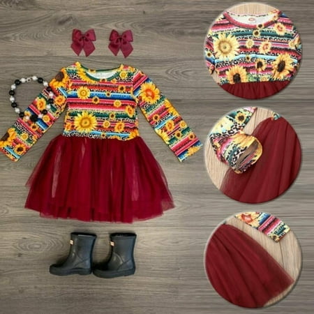 

Infants Baby Girls Sunflower Flower Long Sleeve Skirt Party Tutu Dress Outfits Clothes Sundress