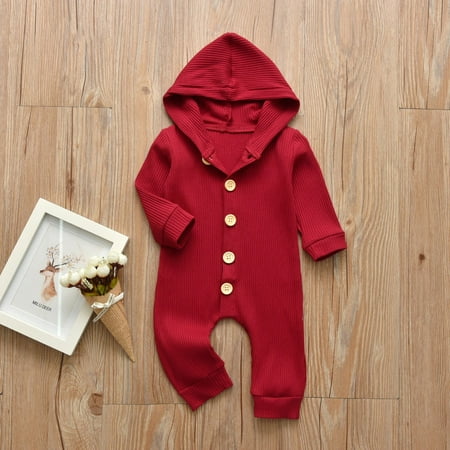 

ZXHACSJ Newborn Infant Baby Girls Boys Long Sleeve Solid Hooded Jumpsuit Romper Red 90