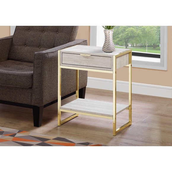 Monarch Specialties Accent Table, Side, End, Nightstand, Lamp, Storage Drawer, Living Room, Bedroom, Beige Marble Look Laminate, Gold Metal, Contemporary, Modern