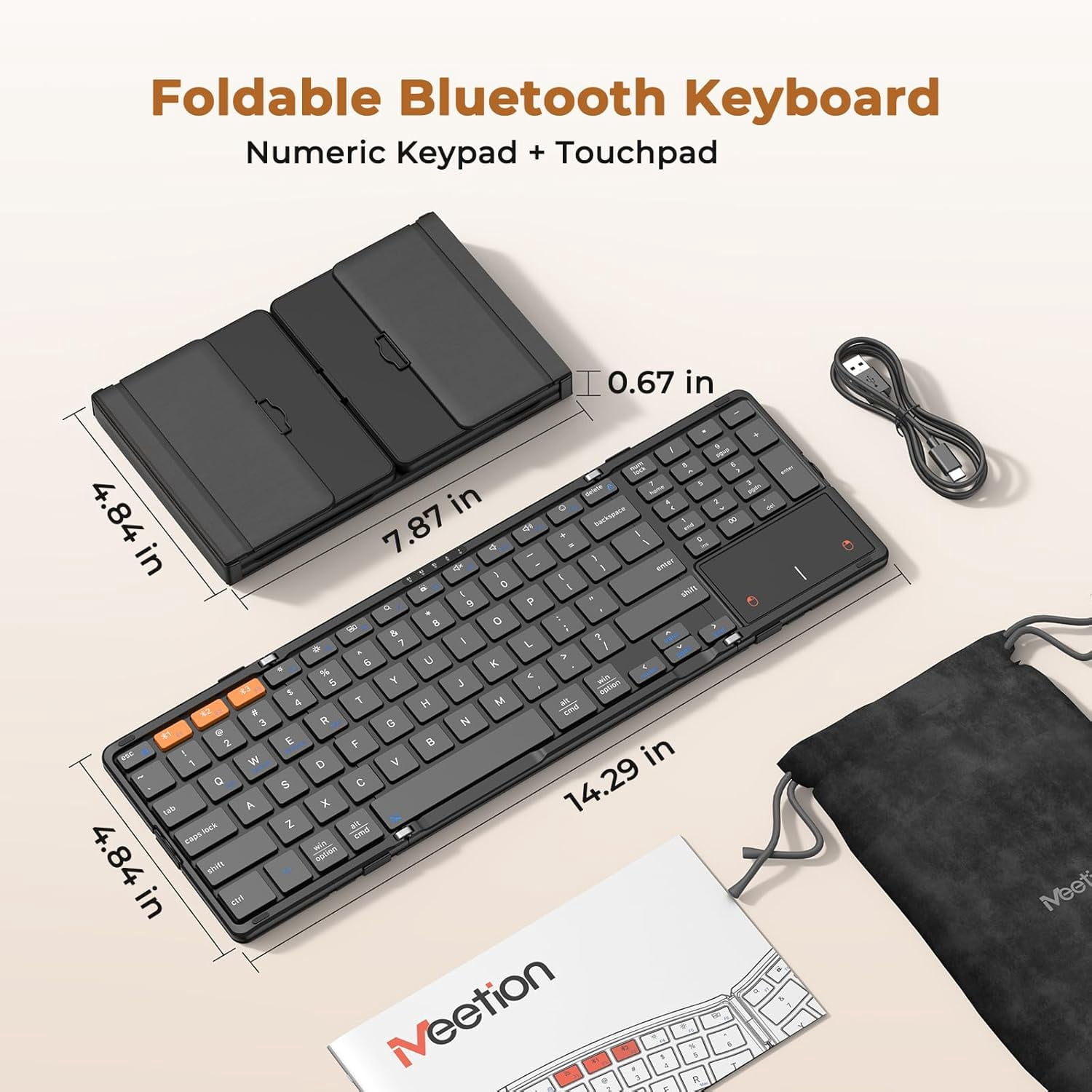 Meetion Foldable Bluetooth Keyboard, Full Size with Number Pad & Touchpad, Rechargeable for Travel