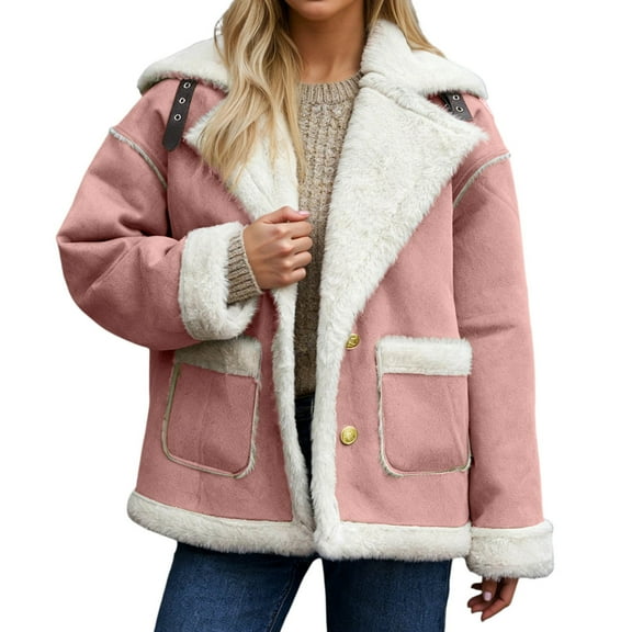 Womens Suede Jacket Warm Shearling Sherpa-Lined Lapel Jackets Pink S