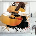 thumbnail image 1 of Rock and Roll Shower Curtain, Artful and Grunge Pattern of a Man Hugging his Acoustic Guitar, Fabric Bathroom Set with Hooks, 69"W X 84"L Extra Long, Apricot and Multicolor, by Ambesonne, 1 of 3