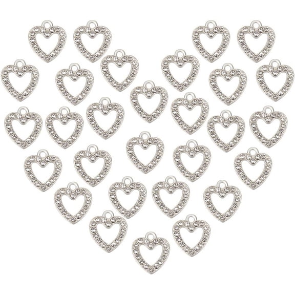 100pcs Silver Heart Pendants Alloy Rhinestone Heart Charms DIY