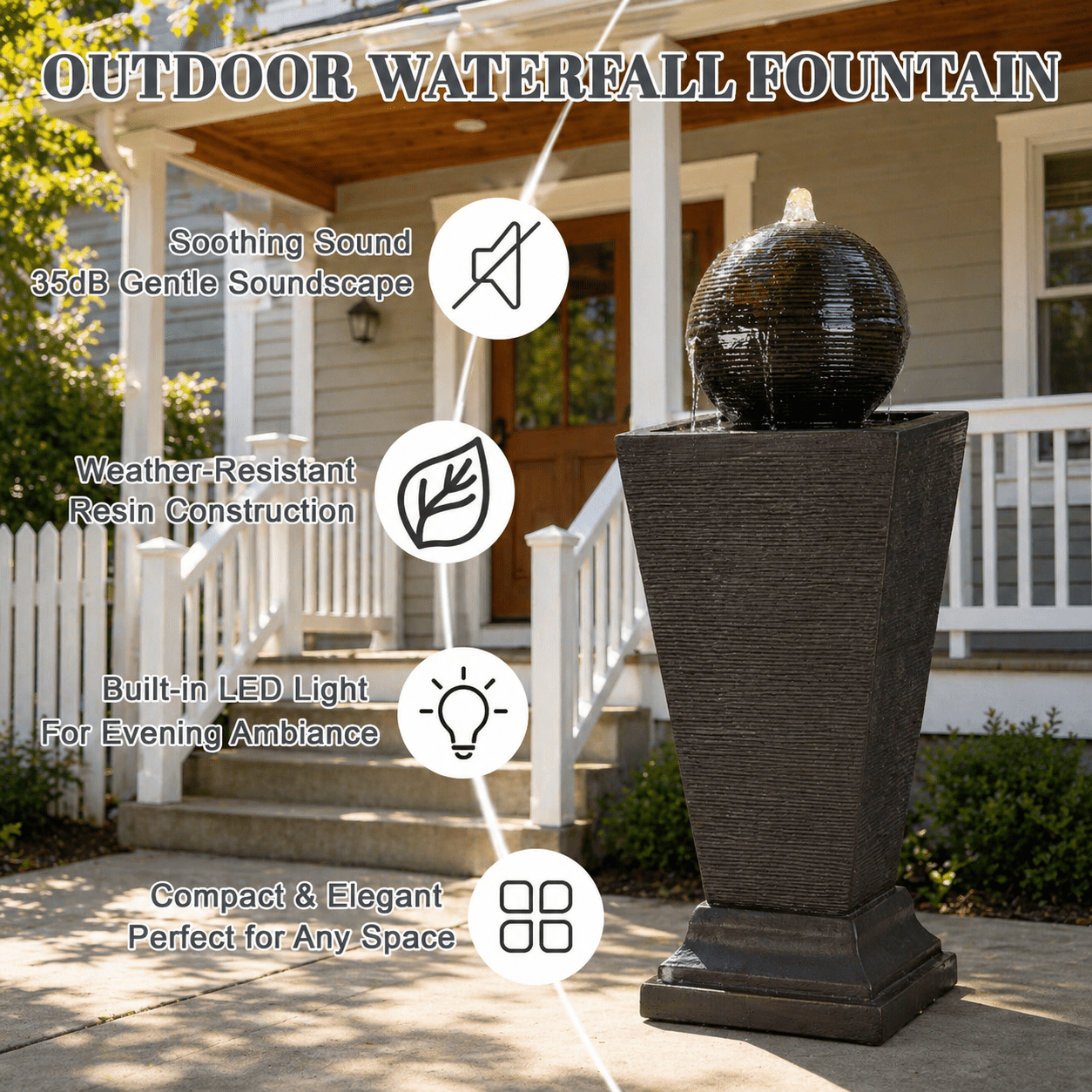 35.50" H Modern Outdoor Water Fountain with LED Light, Resin Sphere Pedestal Water Feature with Recirculating Pump for Patio, Garden, Yard Decor, Brown