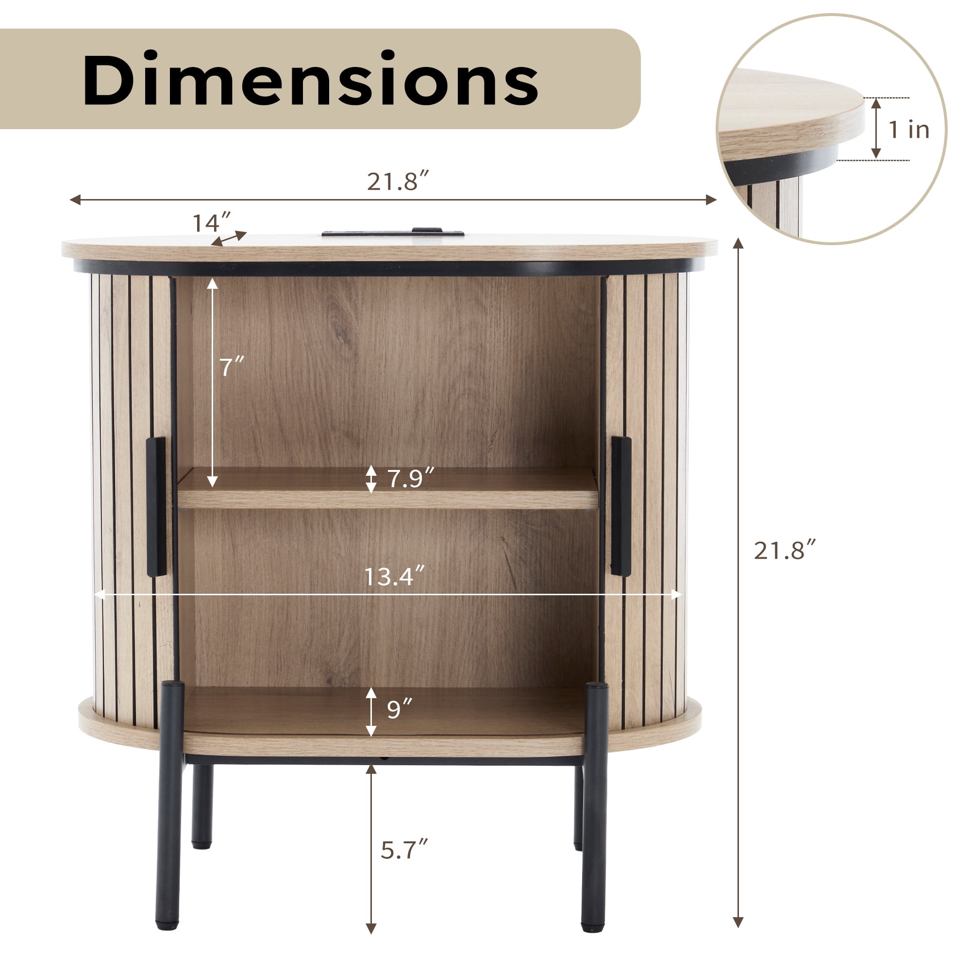 Ebello Nightstand with Built-in Charging Station, Modern Oval End Table with Storage, Sliding Door & Raised Base for Bedroom and Entryway, Camel