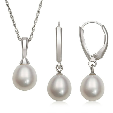 9-10mm Drop Cultured Freshwater Pearl Sterling Silver Pendant and Leverback Earring Set, 18