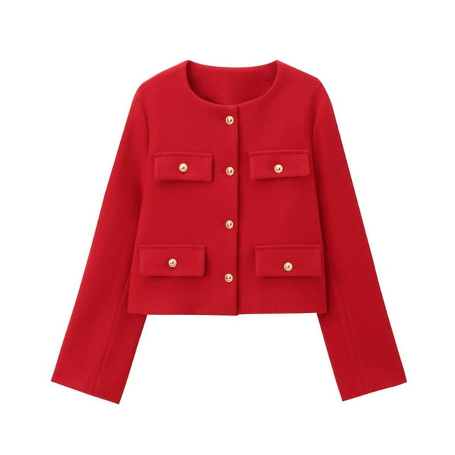 Ailaofu Women's Tweed Jacket Cropped Blazers Spring Summer Round Neck Business Work Office Plaid Jacket