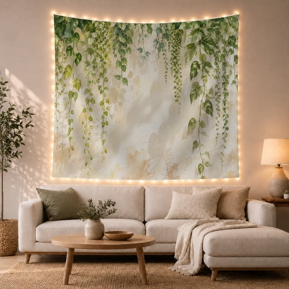 Green Leaves Cascading on Aged Wall, Tranquil Rustic Watercolor for Plant Lovers, Botanical Wall Art Housewarming Gift Tapestry Wall Hanging for Living Room, Bedroom and Dorm