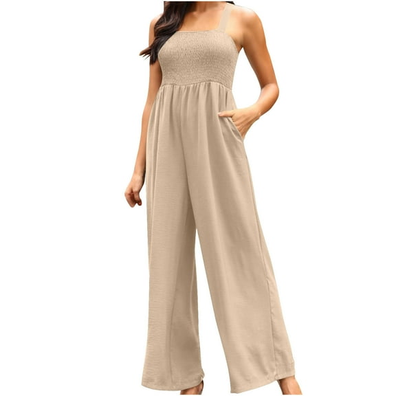 Womens Smocked Jumpsuit Dressy Casual High Waist Rompers with Pocket Wide Leg Sleeveless Office Work Jumpsuit, Khaki, S