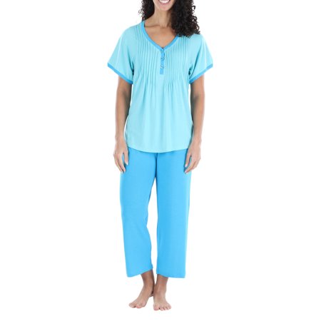 

PajamaMania Women s Stretchy Knit V-Neck Top and Capri Pant Pajama Set