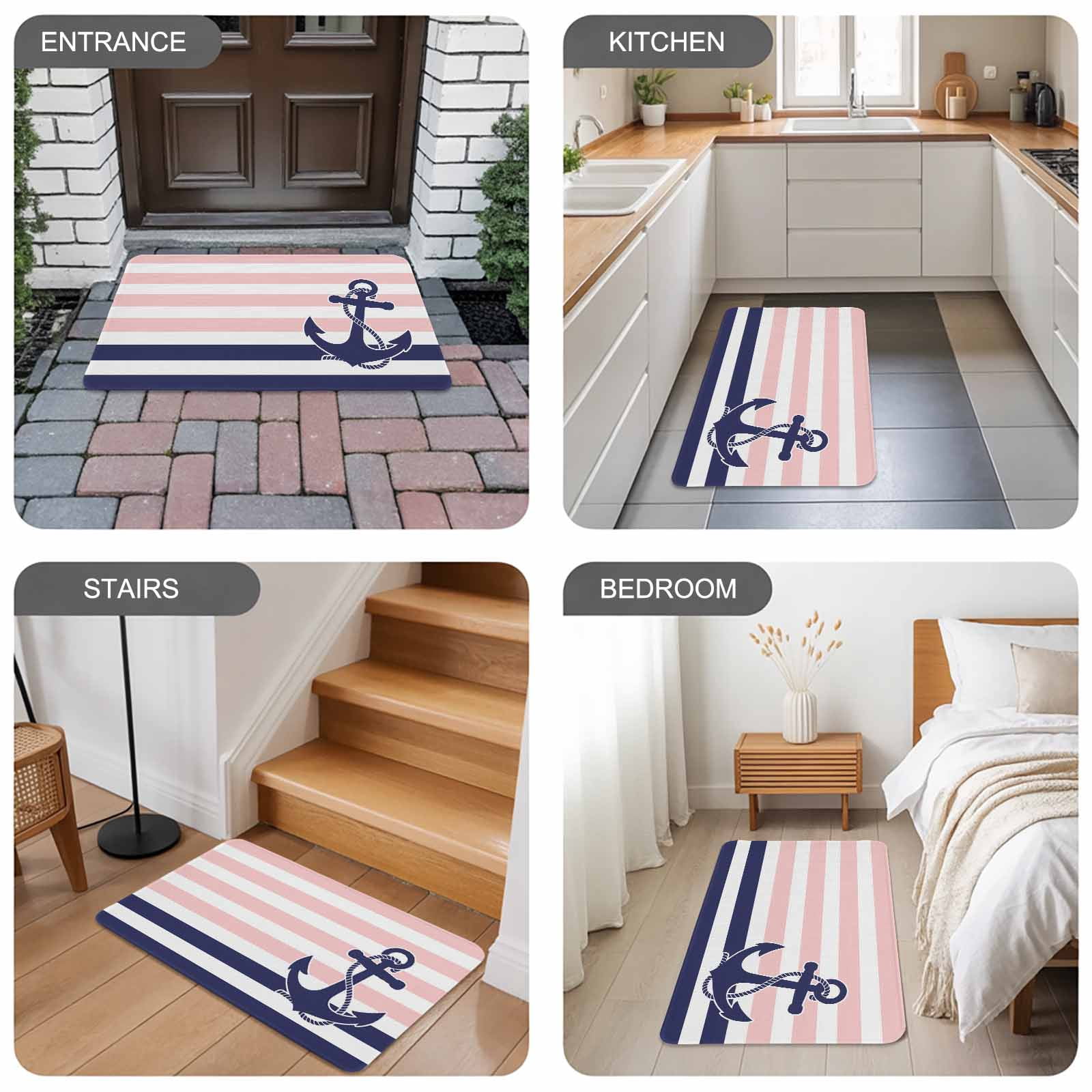 Anchor Pink Doormat Outdoor Entrance 16"x24", Modern Navy Blue White Striped Nautical Absorb Moisture Dirt Door Mats, Non-Slip Rubber Backing Floor Mats Indoor, Low-Profile Front Door Rugs