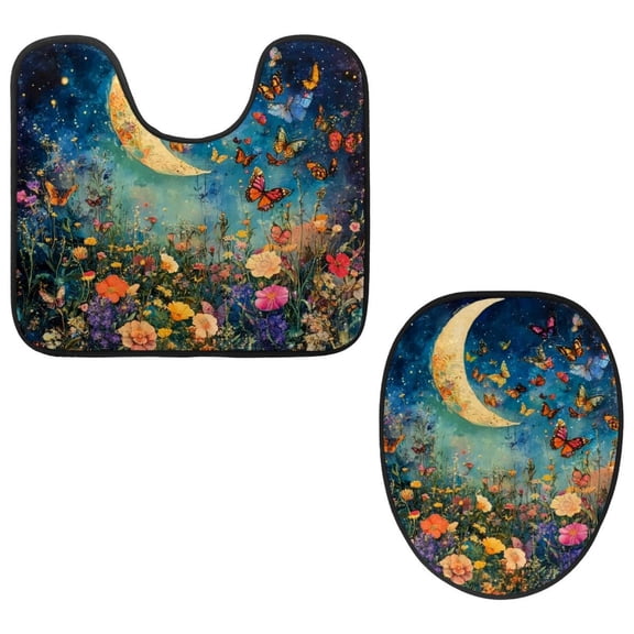 PhooArto Toilet Lid Cover and U-Shaped Toilet Floor Mat Set of 2 Pieces, Flowers Butterfly Moon Toilet Mat Set, Machine Washable Seat Covers Non-Slip Absorbent Rugs