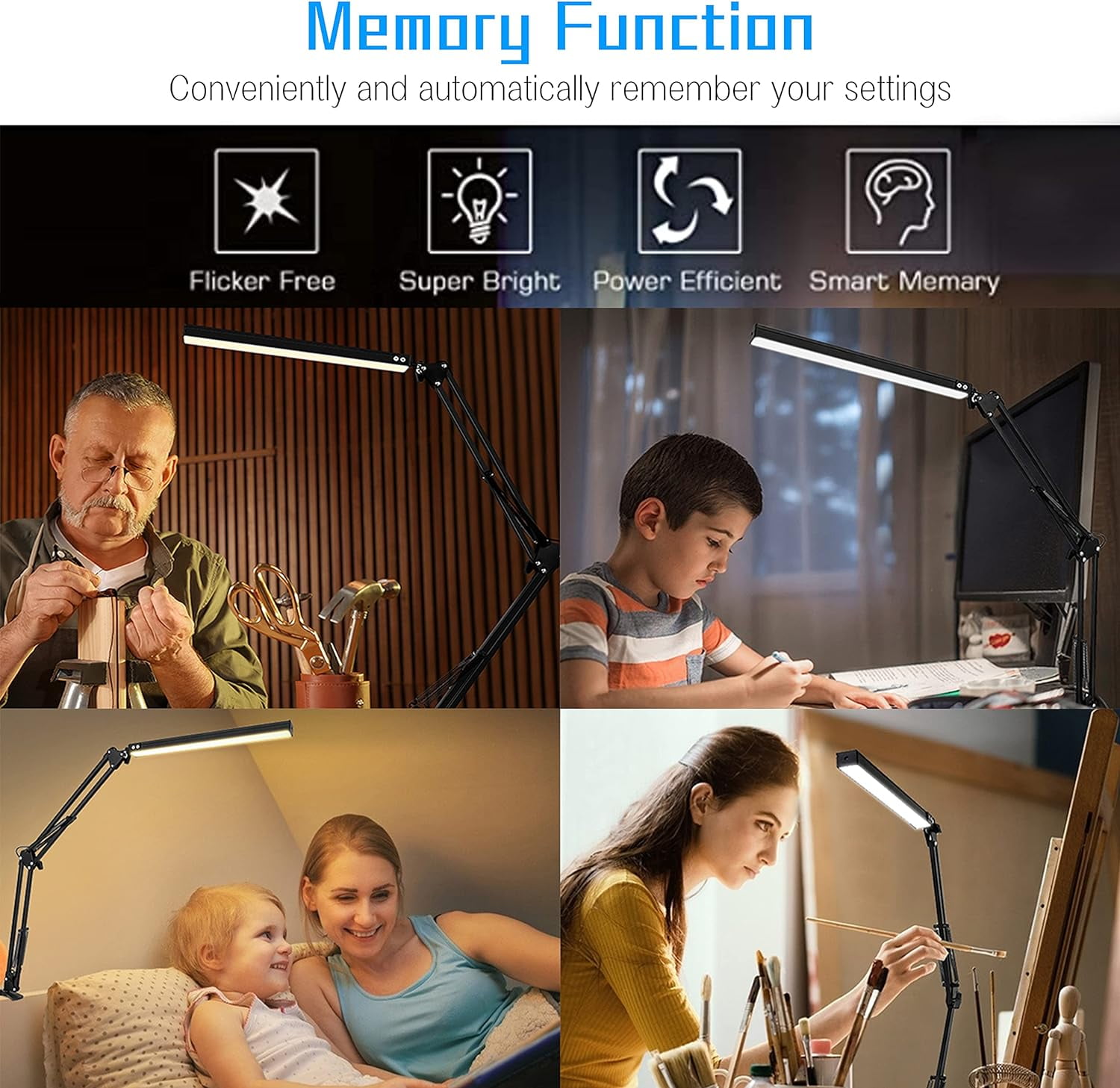 Jxr LED Desk Lamp, Swing arm Desk Light with clamp, 3 Lighting 10 Brightness Eye-Caring Modes, Reading Desk Lamps for Home Office 360 Degree Spin with USB Adapter & Memory Function