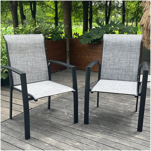 All-Weather Outdoor Dining Chairs Set of 2, Stackable Metal Frame Garden Chairs with Waterproof Fabric, Black and Gray
