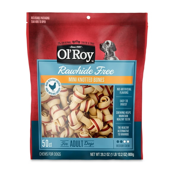 Ol' Roy Rawhide Free Chicken Mini Knotted Bones for Dogs, 28.2 oz, 50 Count Bag