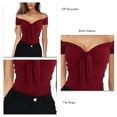 thumbnail image 3 of Blusa de verano para mujer con hombros descubiertos y manga corta, color puro, con lazo en la parte delantera, ajustada, 3 of 5