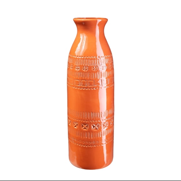 Urban Trends Ceramic Decorative Vase Trumpet Mouth and Double Banded Tribal Design, Decor Center Piece for Home Décor for Living Room, Table, Office Décor, Orange 4.50"x14.00"H