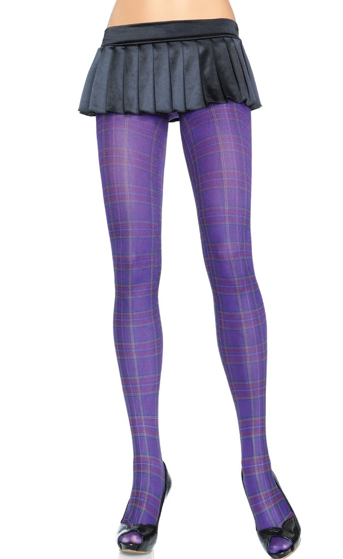 Women's Opaque Paper Print Plaid Tights, Purple, One Size