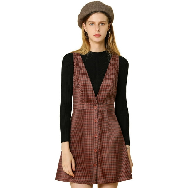 INSPIRE CHIC Women's Overall Suspender Check Houndstooth Pinafore Dress