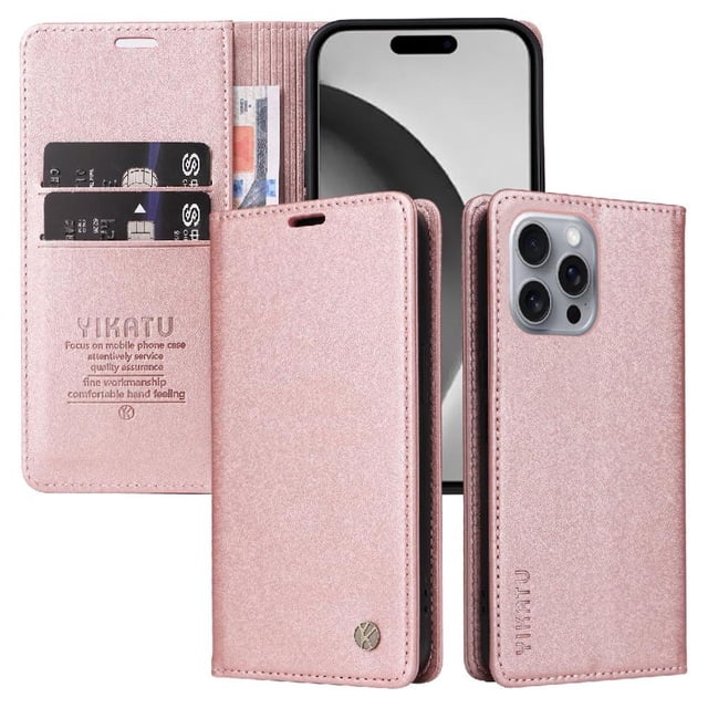 Funda para iPhone 16 Pro Max Estuche de Cuero PU Tipo Cartera con Ranuras para Tarjetas y Cierre Magnético