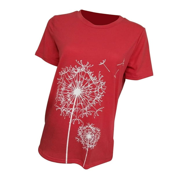 Qarigey Camisas de cuello para mujer, camisetas transpirables de verano de estilo Simple de diente de león de manga corta, ropa Unisex, Prendas para la parte del cuerpo Rojo L