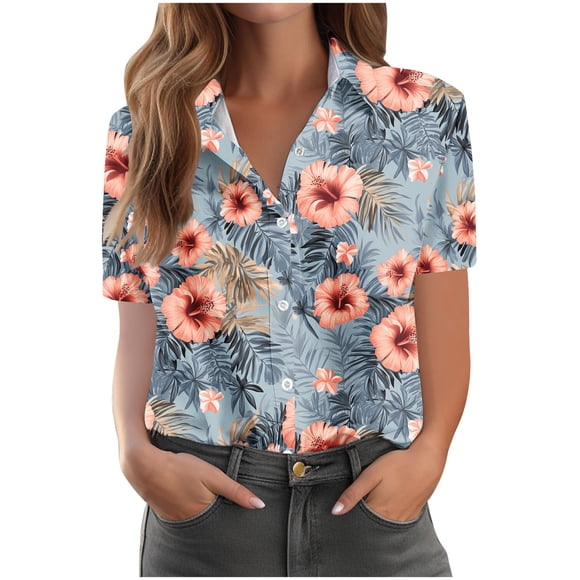 Women's Button Down Shirts Hawaiian Tropical Print Beach Short Sleeve Collared Sumemr Tops Coverups (2XL, Gray)