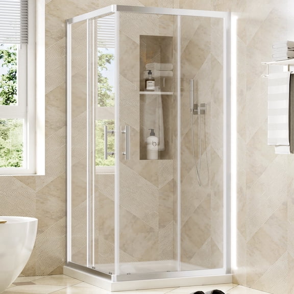 36" x 36" x 72" Corner Shower Enclosure with Double Sliding Doors, 1/4" Tempered Glass with Safety Film, Adjustable Width & Waterproof Design Chrome