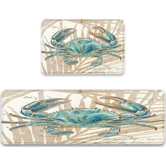 Kitchen Rugs Sets 2 Piece Floor Mats Sea Underwater Submarine Blue Crab Durable Doormat Nautical Ocean Animal Area Rugs Washable Runner Carpet Set Non Slip Fantastic Crab Design Kitchen Rugs and Mats