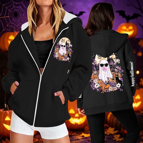 thefmos Women's Hooded Zip Up Long Sleeve Halloween Print Jacket with Pocket Solid Color Casual Outerwear Fashion Fall Winter Outfit, Black M