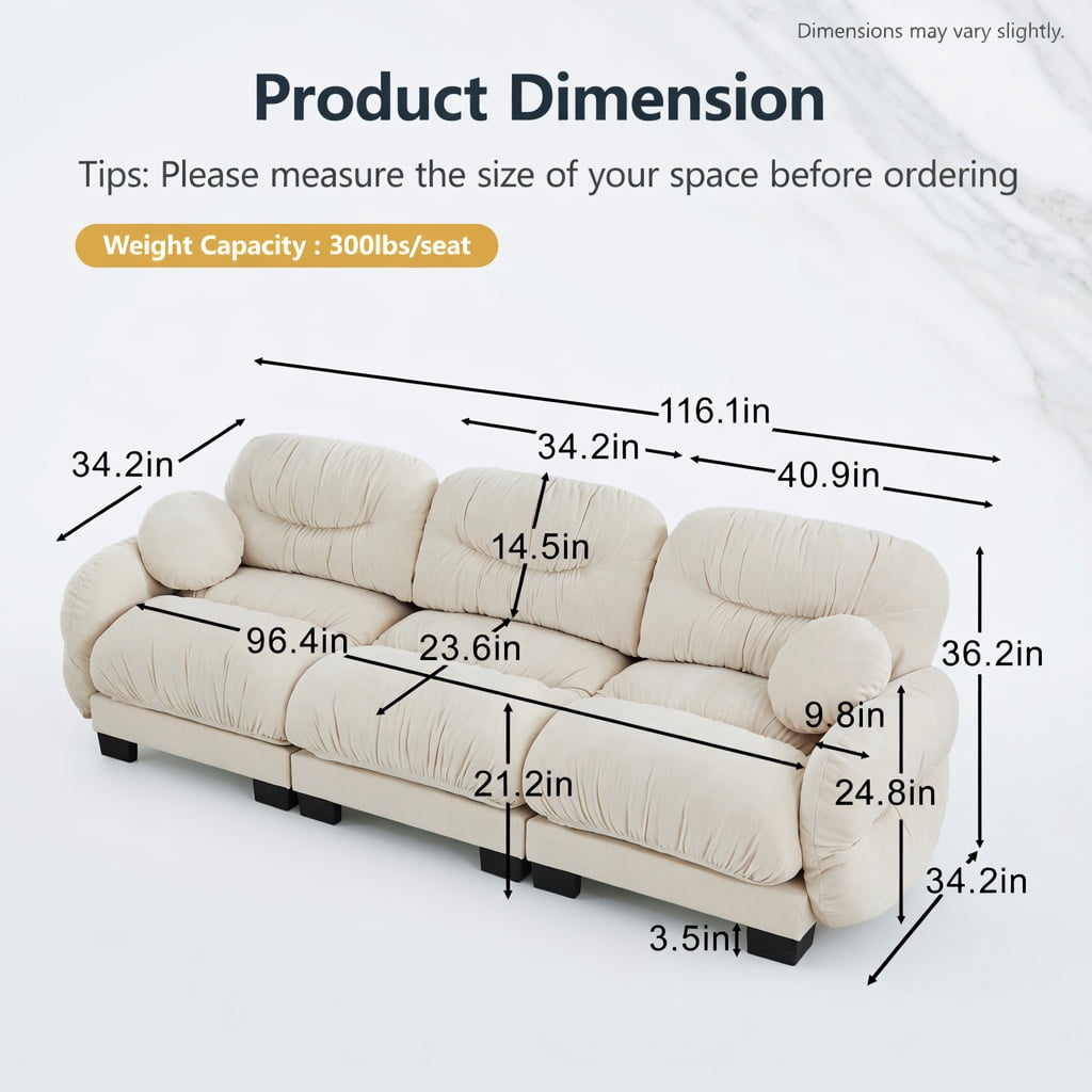 Hommoo Chenille 3-Seater Modular Sofa with Pleated Back Design, Ergonomic High-Density Foam Cushions & Curved Armrests, Includes 2 Round Throw Pillows, Beige