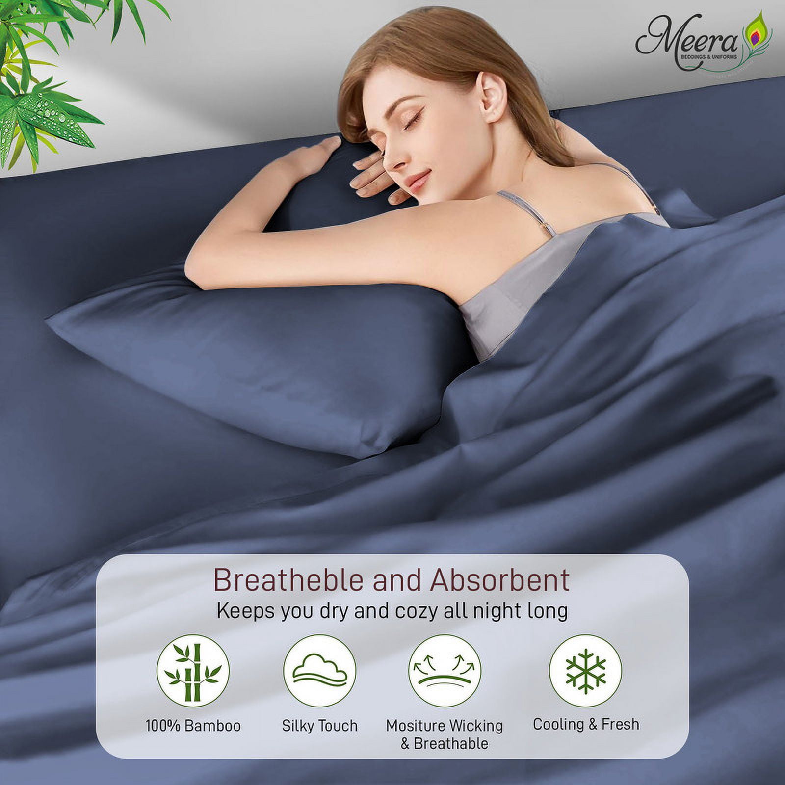 MEERA BEDDING & UNIFORMS Extra Soft Bamboo Bed Sheet 1 flat, 2 pillowcase, Moisture Wicking, Cooling, Breathable-King Size Bed Sheet