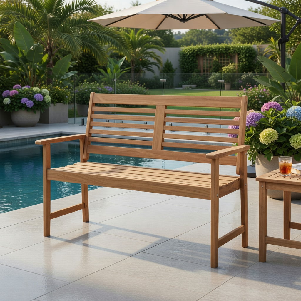 Hommoo Teak Solid Wood Outdoor Loveseat Bench, 2-Seat Patio Bench with Ergonomic Inclined Backrest, Slatted Ventilated Seat & Reinforced Crossbar Support, Natural