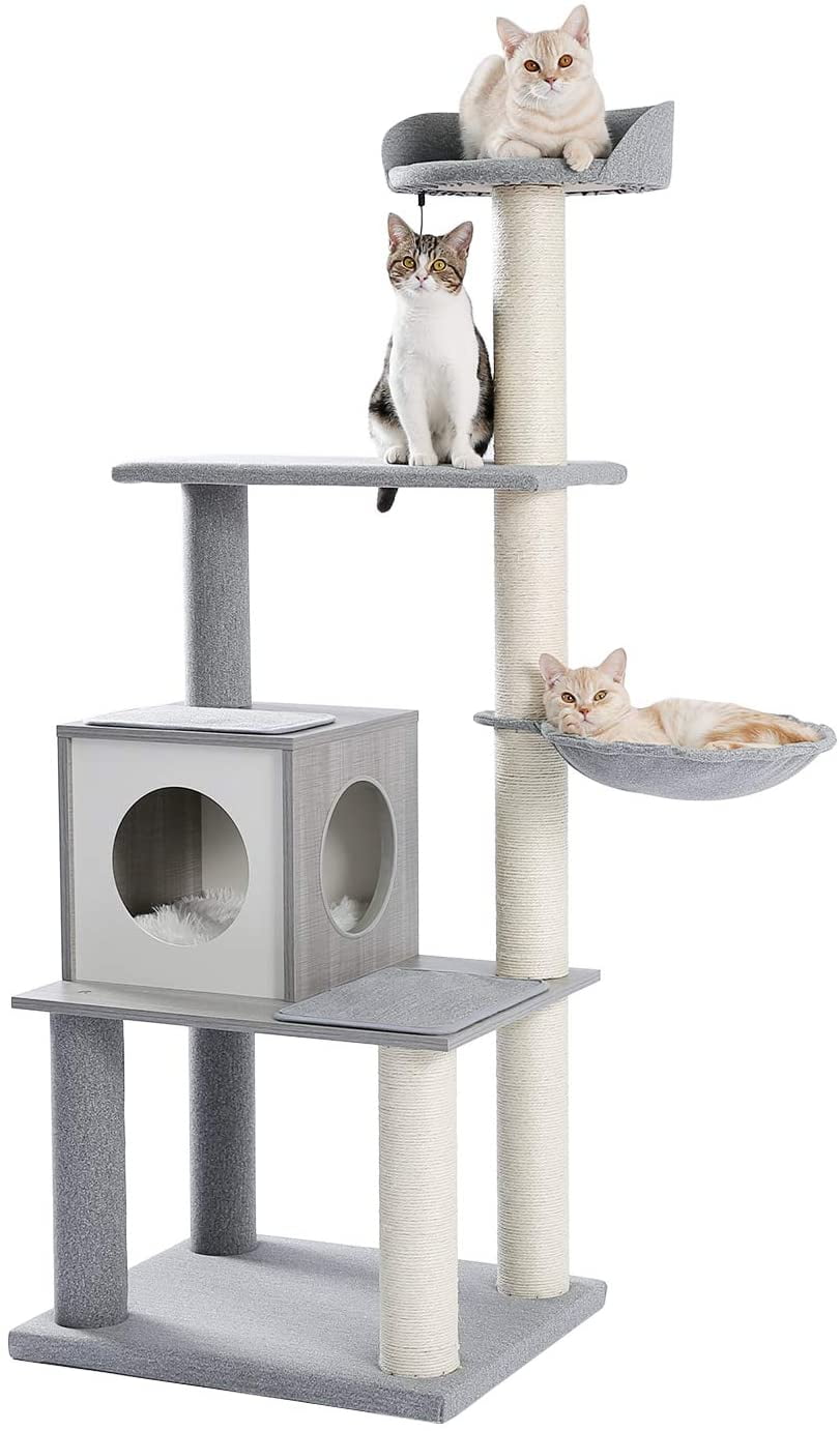 Pawz Road 60 8 Inch Multi Level Cat Tree Modern Cat Tower Wooden With Scratching Post Condo Perch Hammock And Dangling Ball Grey Walmart Com Walmart Com