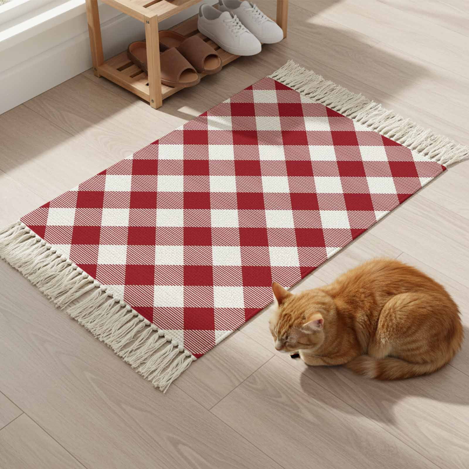 Kitchen Runner Rugs, Red and White Plaid 2'x3' Throw Rug with Tassels, Buffalo Check Tartan Washable Soft Floor Carpet Runner for Hallway Bedroom Bathroom Laundry Room