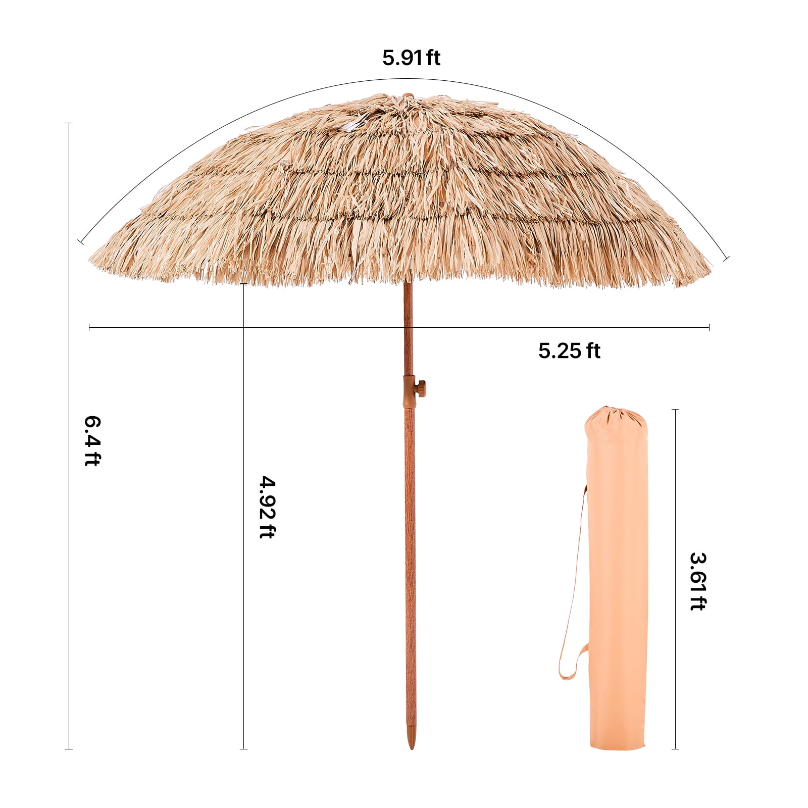 KFFKFF 6ft Thatched Patio Umbrella with Tilt, Hawaiian-Style Beach Parasol Featuring Durable PP Thatch and 8 Metal Ribs, Ideal for Beach, Patio, Poolside, Backyard, and Garden