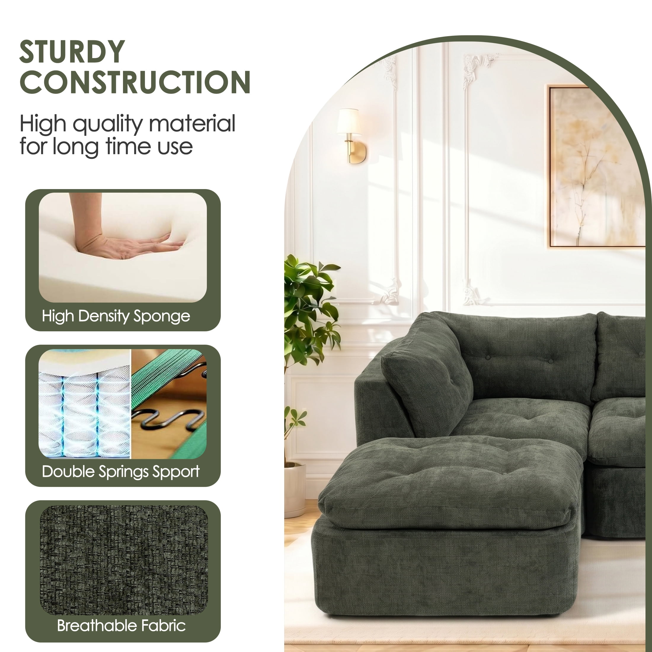 AISWORD Modular Sectional Sofa, Deep Seat Cloud Couch with Ottoman, 4-Seater Convertible L-Shaped Chenille Fabric Couch, Oversized Comfortable Frame-Free Set for Living Room, No Assembly, Green
