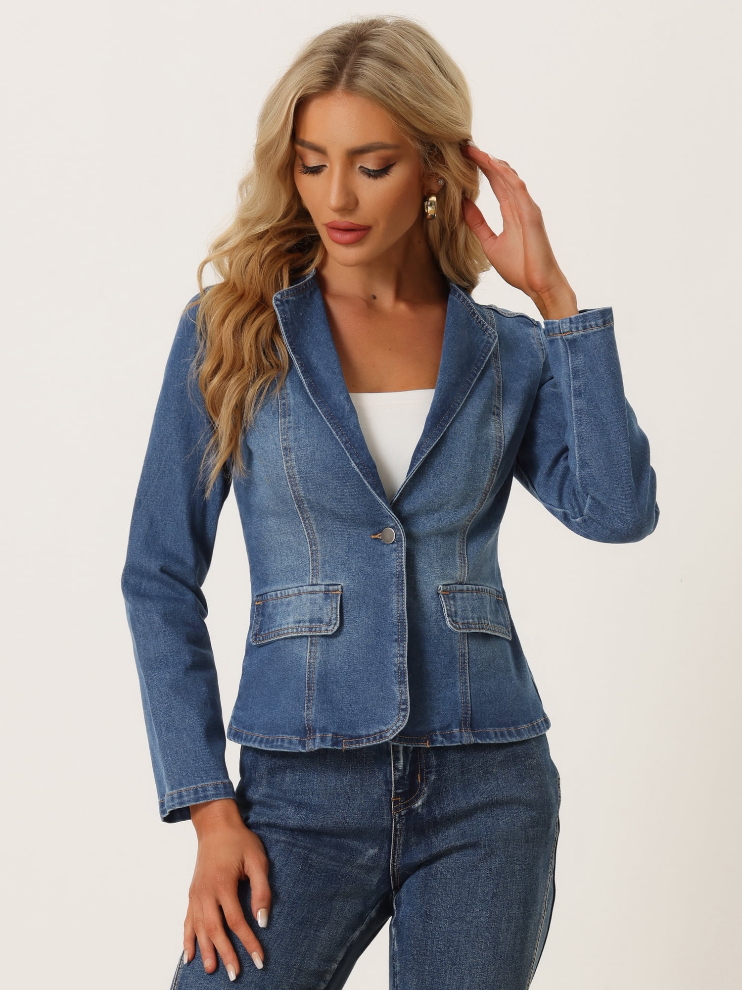 DARING DIVA Women's Lapel Collar Jean Jacket One Button Work Denim Blazer L Blue