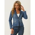 thumbnail image 2 of DARING DIVA Women's Lapel Collar Jean Jacket One Button Work Denim Blazer XS Blue, 2 of 6