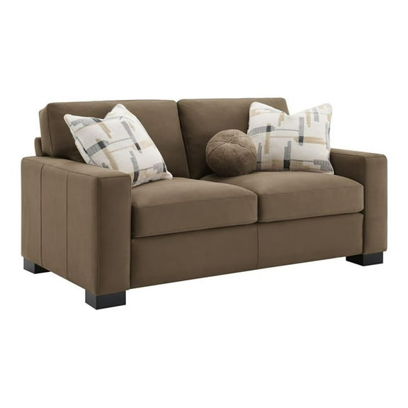Bowery Hill Transitional Fabric Upholstered Loveseat with 3 Pillows in Brown