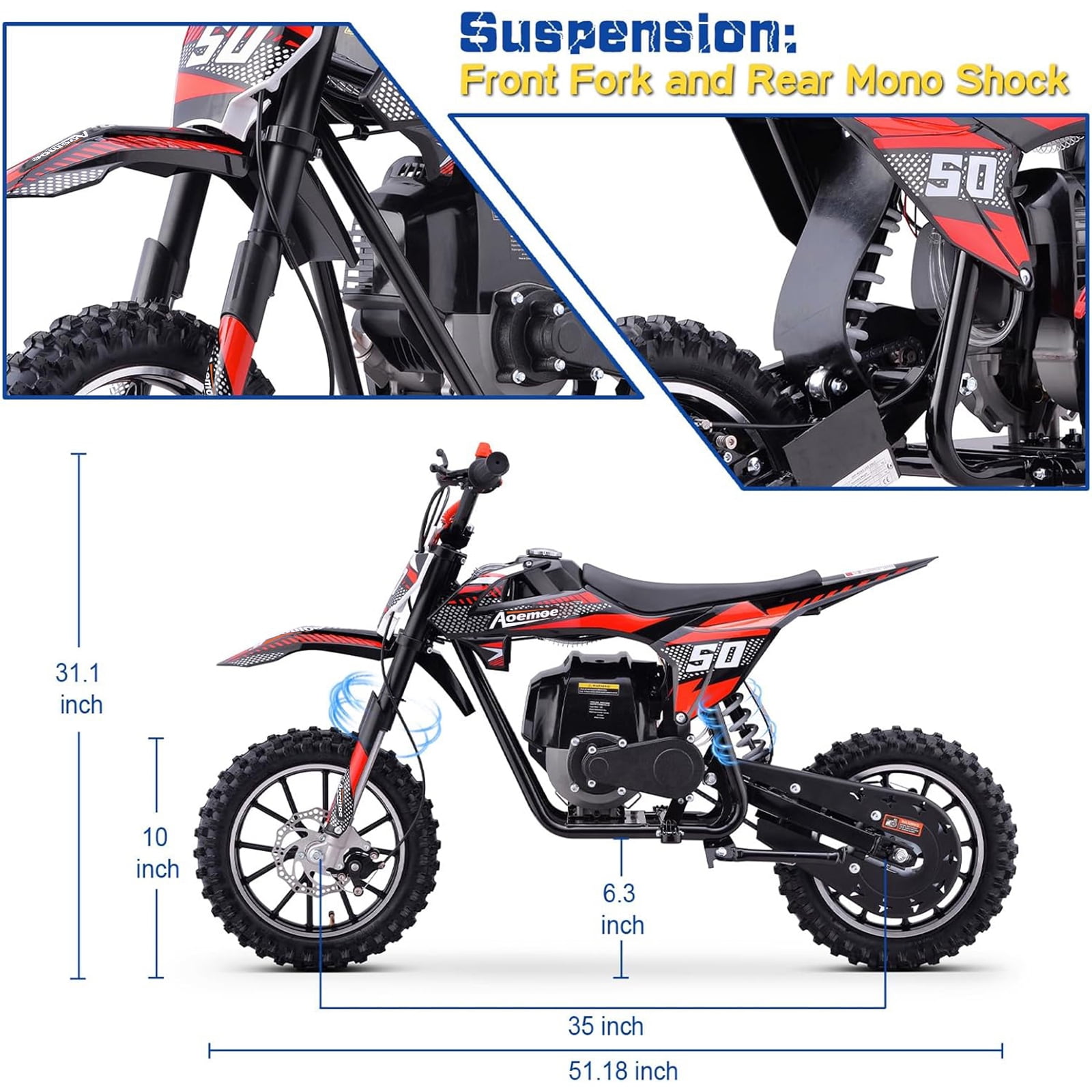 Aoemoe 39cc 4-Stroke Kids Mini Dirt Bike, Gas Powered, Rear Suspension & Disc Brakes, 20Mph/165Lbs,Red