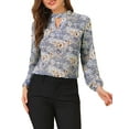 thumbnail image 5 of INSPIRE CHIC Women's Floral Semi Sheer Keyhole Blouses Stand Collar Puff Long Sleeve Tops, 5 of 6