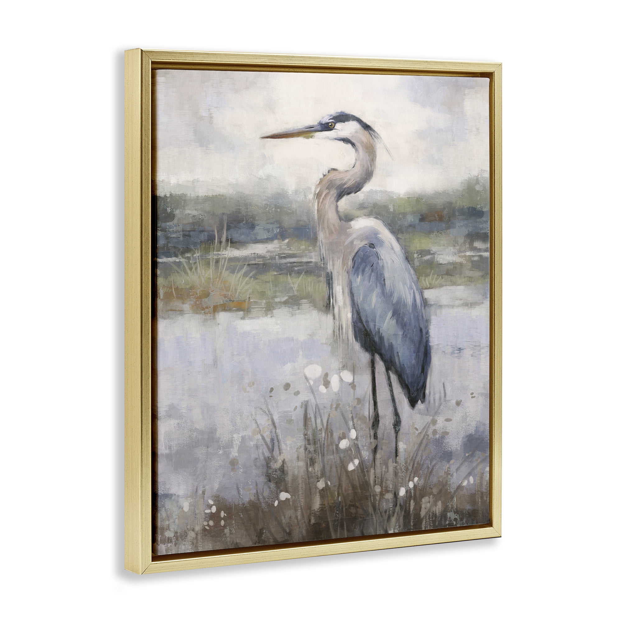 Stupell Industries Coastal Heron on Riverbank Landscape & Nature Painting Gold Floater Framed Canvas Art Print Wall Art, 25 x 31