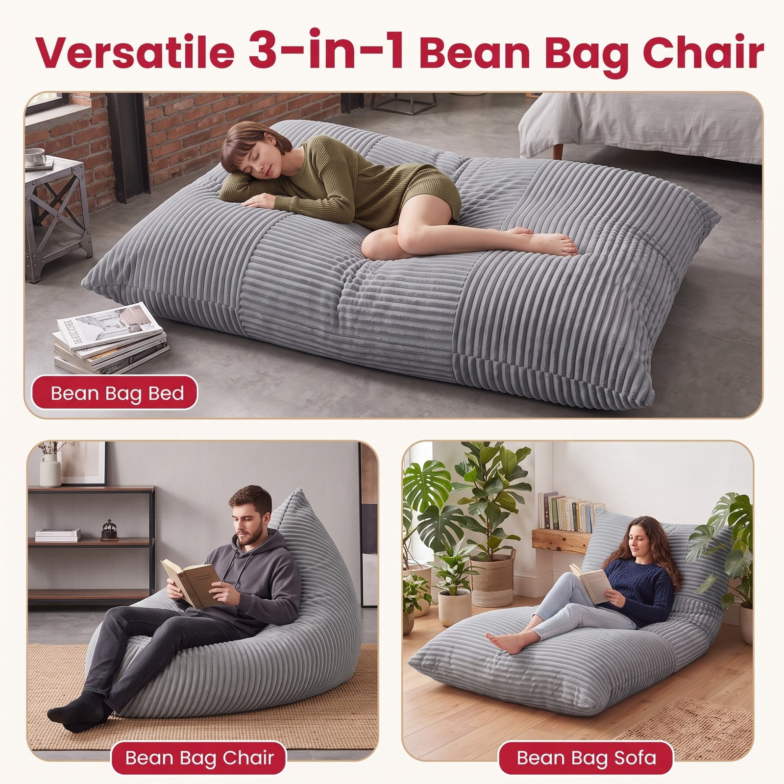 Furnibear 3-in-1 Large Bean Bag Chair, Convertible Corduroy Lounger Bed Sofa with Plush Sponge Fill and Washable Zippered Cover for Bedroom Dorm Living Room, Light Gray
