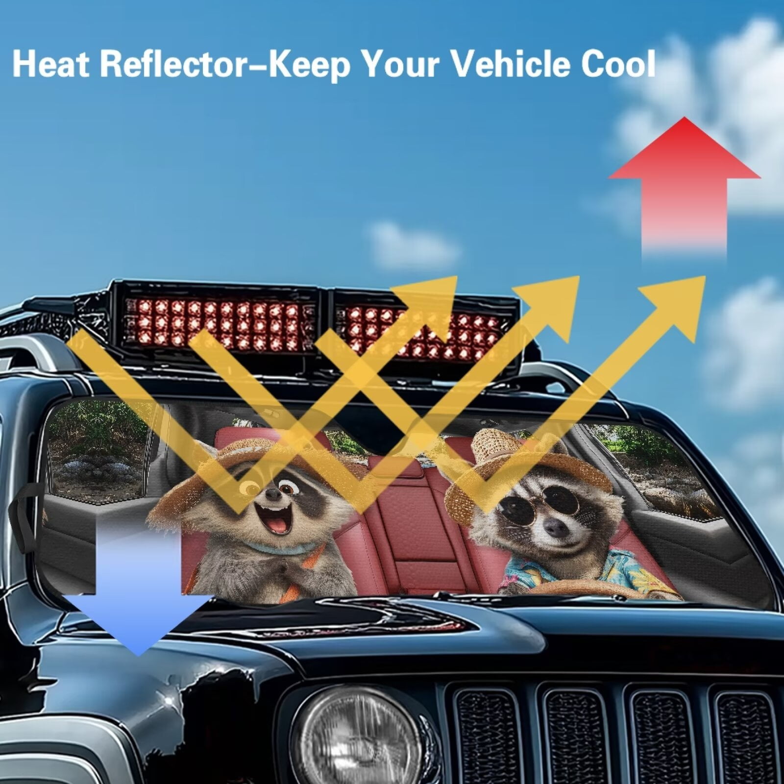 HUIACONG Cute Raccoon Windshield Sun Shade for 2018-2025 Jeep Wrangler JL JLU & 2020-2025 Jeep Gladiator 310T Polyester Covered Foldable Front Sunshade, Blocks UV Rays and Heat, Outdoor Camping
