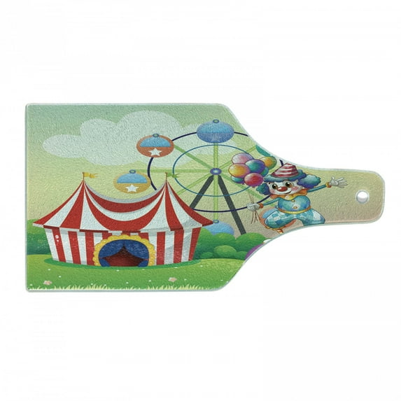 Circus Cutting Board, Illustration of a Clown Balancing Above an Inflatable Ball at the Carnival Print, Tempered Glass Cutting and Serving Board, Wine Bottle Shape, Multicolor, by Ambesonne