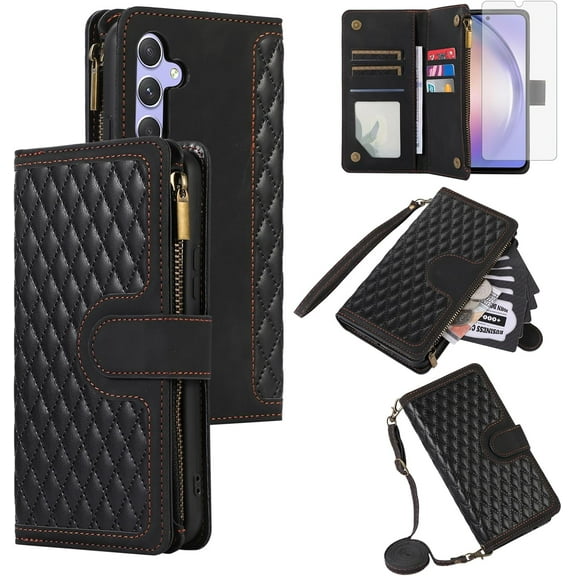 Phone Case for Samsung Galaxy A14/M14 5G Wallet Cover with Tempered Glass Screen Protector and Crossbody Wrist Strap Leather Flip Zipper Credit Card Holder Cell A 14 4G 14A 14M G5 Women Black